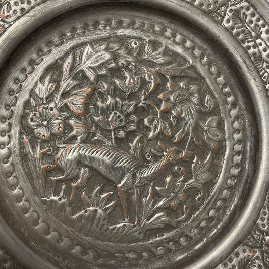 Hand Hammered Stamped Tinned Copper Deer Flowers Wall Hanging Art 8"