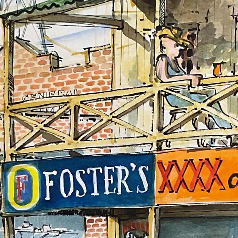 Signed VTG. Watercolor Cowboy Beer Artwork- FRAMED 18" X 14.5"
