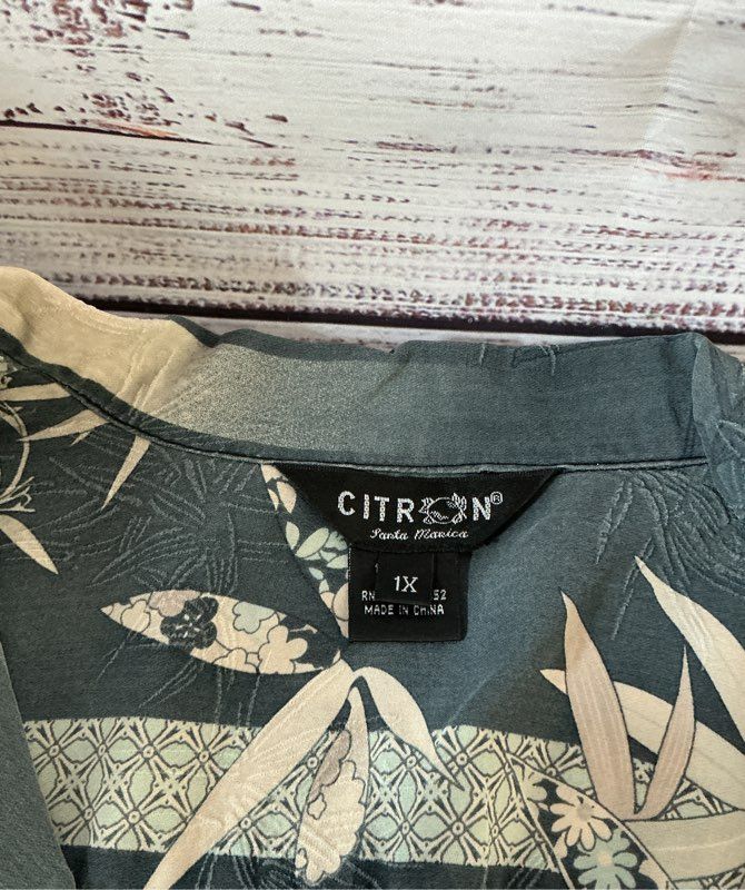 Women's Citron Bluegray Print Silk Short Sleeve Blouse Size 1X