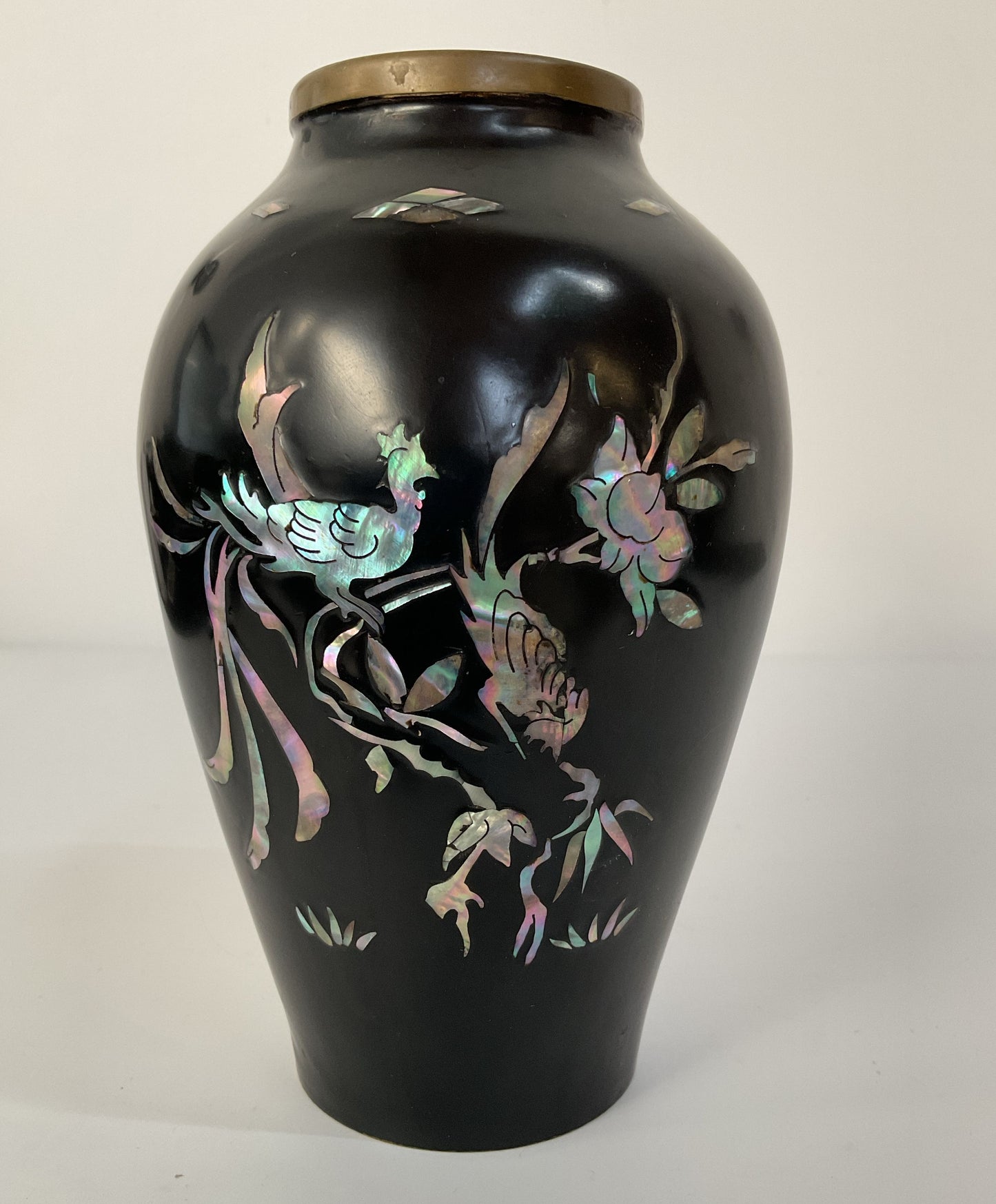 Vintage Brass Black Lacquer Floral Bird Motif Mother of Pearl Inlay Vase