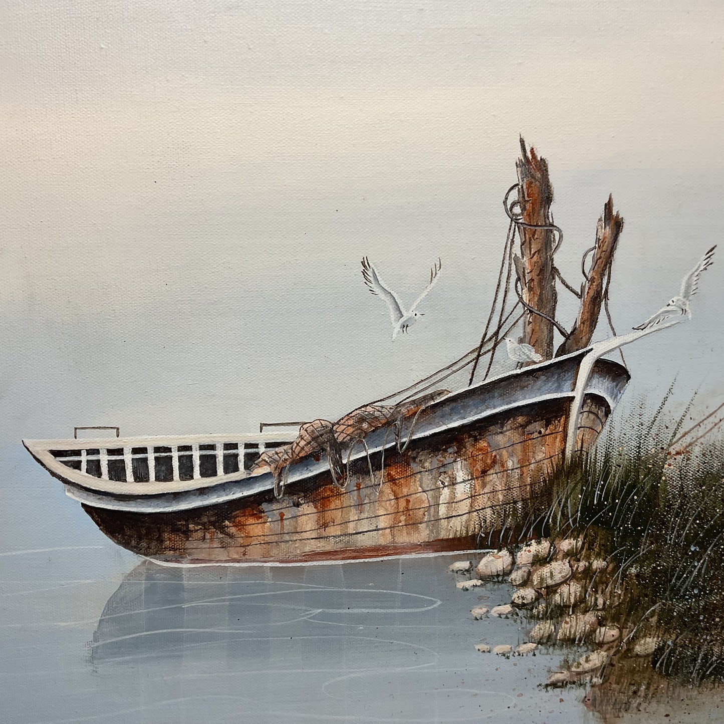 Fishing Boat Seagulls Hand Oil Painted on canvas by Blanche Phifer