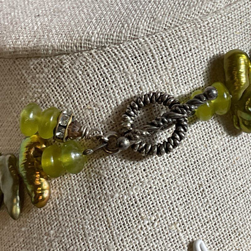 Sterling Silver Green Biwa Pearl & Green Gemstone Beaded Necklace- 17"