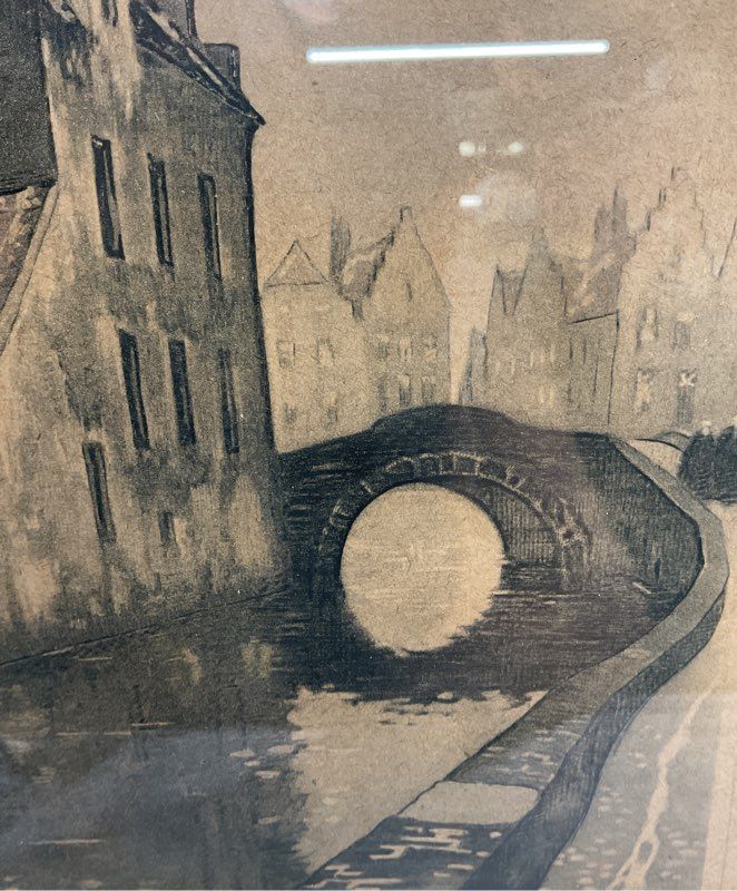 Julien Celos 1884-1953 Belgium Canal Scene Charcoal Etching Signed Print