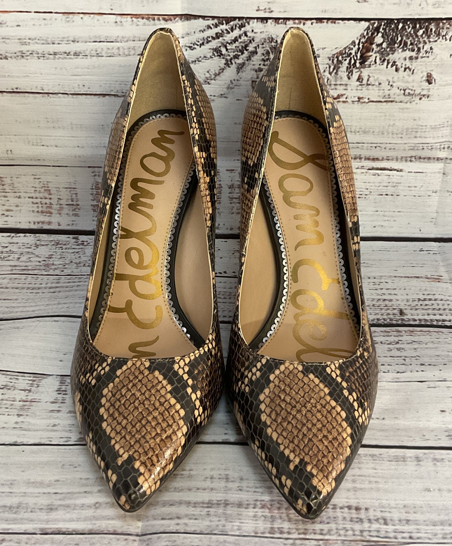 Sam Edelman Leather Hazel Snakeskin Embossed Heels Brown 8