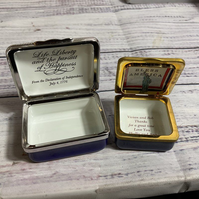 Set of 2 VTG. HALCYON DAYS American Flag and Statue of Liberty Trinket Boxes