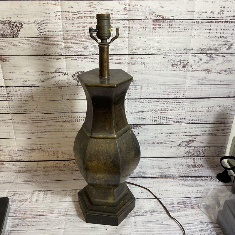 VTG. MCM FREDERICK COOPER Distressed Brass and Wood Base Lamp 23"- WORKS!!!!