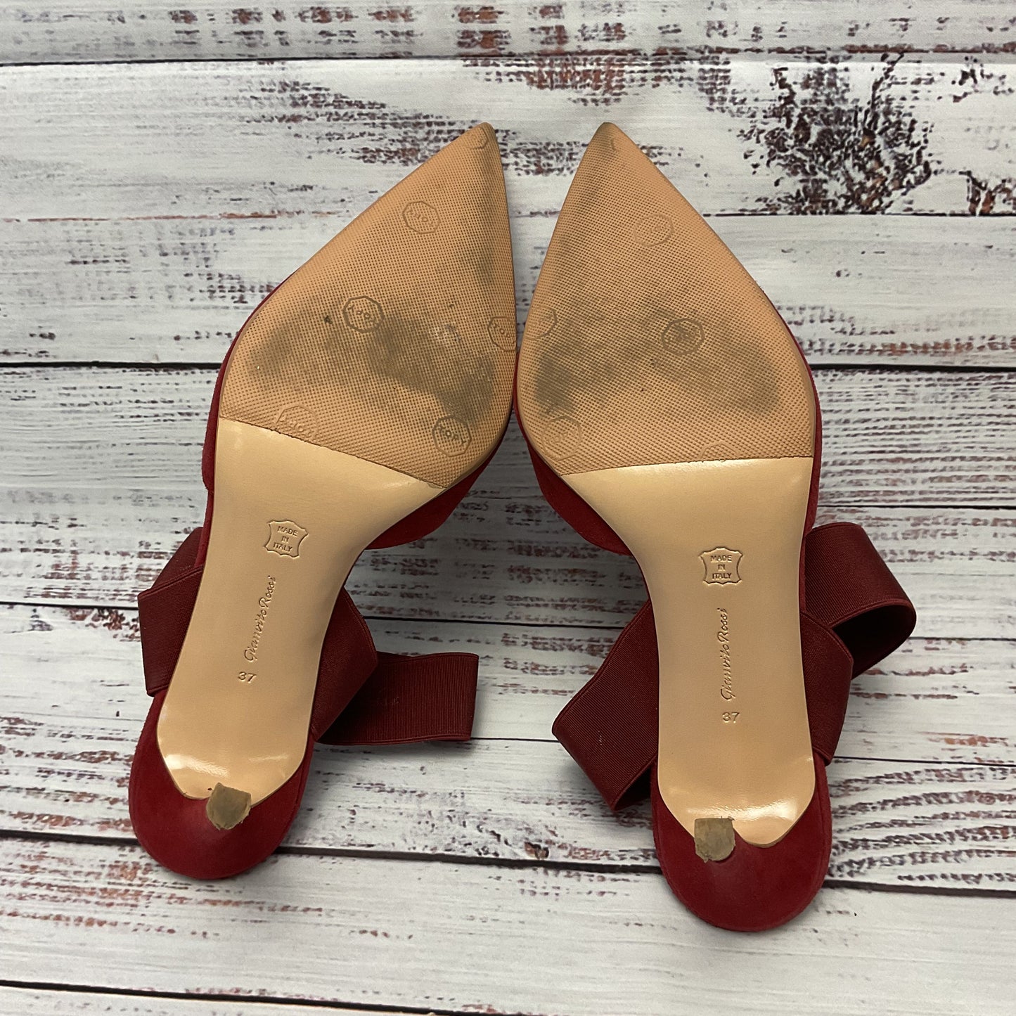 Gianvito Rossi Red Suede Elastic Ankle Strap Slingback Heel Women 7