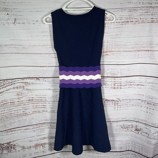 Sandro Purple Zig-Zag Stripe Belt Sleeveless Retro Mod Mini Dress Size in Desc.