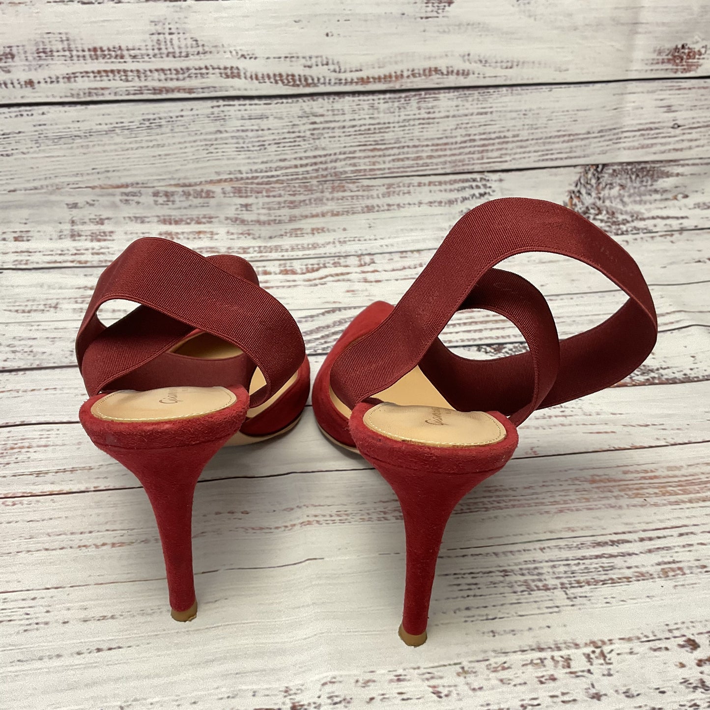 Gianvito Rossi Red Suede Elastic Ankle Strap Slingback Heel Women 7