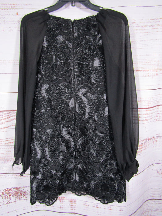 Badgley Mischka Women's Black Soutache Embellished Sheer Blouson Sleeves Dress