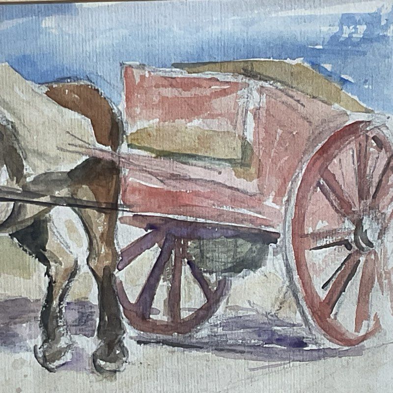 Signed VTG./ANTIQUE P.FIRENZE Horse & Wagon Watercolor Painting