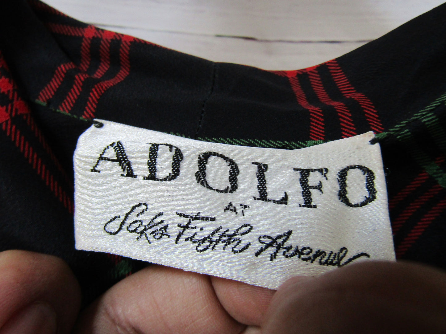 Vintage Adolfo at Saks Fifth Avenue Women's Red Green Plaid Silk Blouse Size S