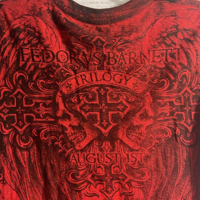 Affliction Red Cotton MMA Fedor vs. Barnette Trilogy Y2K Skull S/S T-shirt sz S