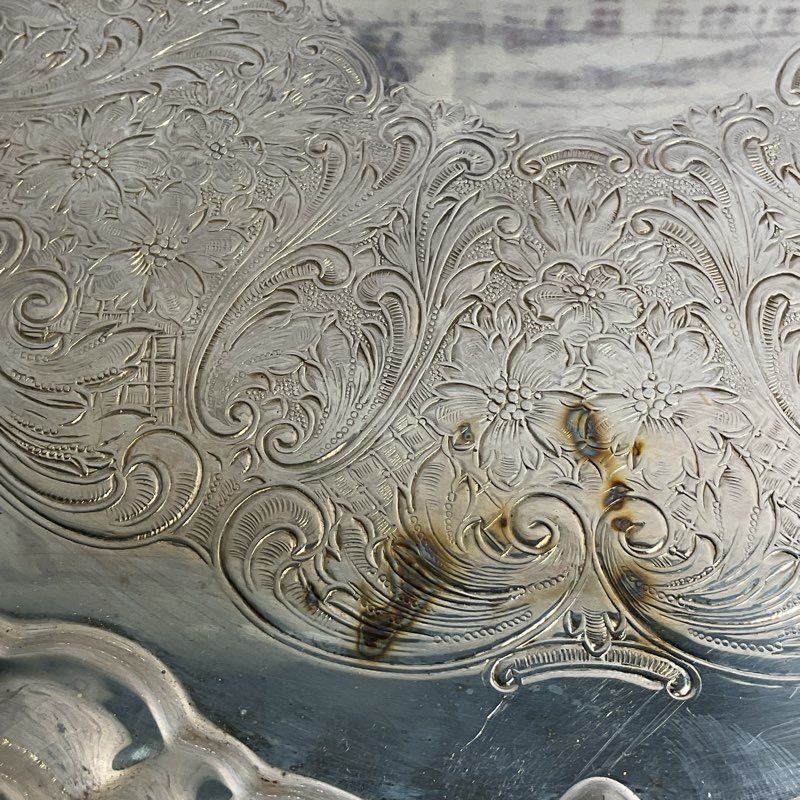 VTG Poole Silver Co 3210 Silver Plated Floral Etched 14" Serving Platter Tray