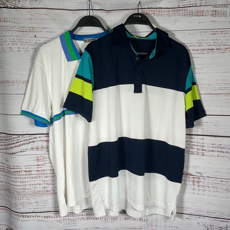 Lot of 2 G/Fore White, Blue, & Green Striped/Color Block Polo Shirts - Size L