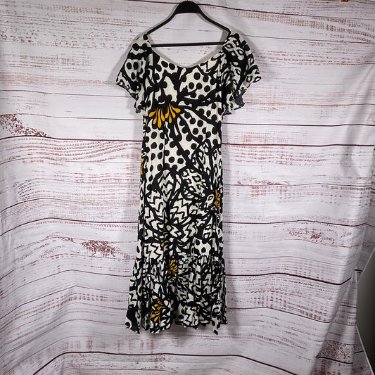 Farm Rio For Anthropologie Black White Flutter Sleeve Maxi Dress Size XS Petite