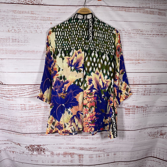 Citron Purple Green Floral Multicolor Print Silk Blend Blouse - Size S