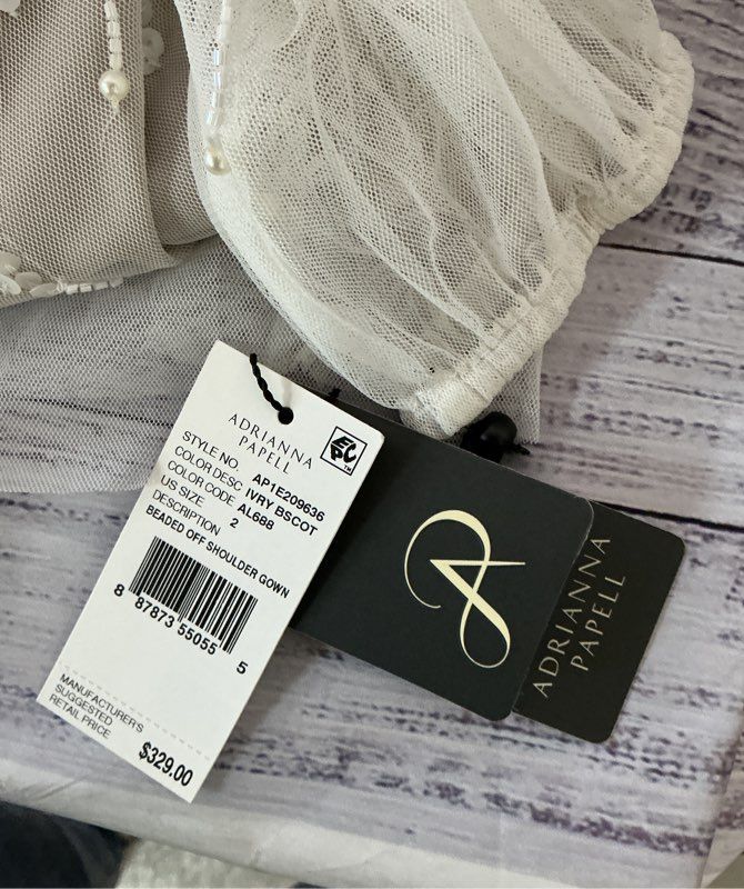 NWT Adrianna Papell Beaded Off Shoulder Gown in Ivory Biscotti Sz 2 Retail $329