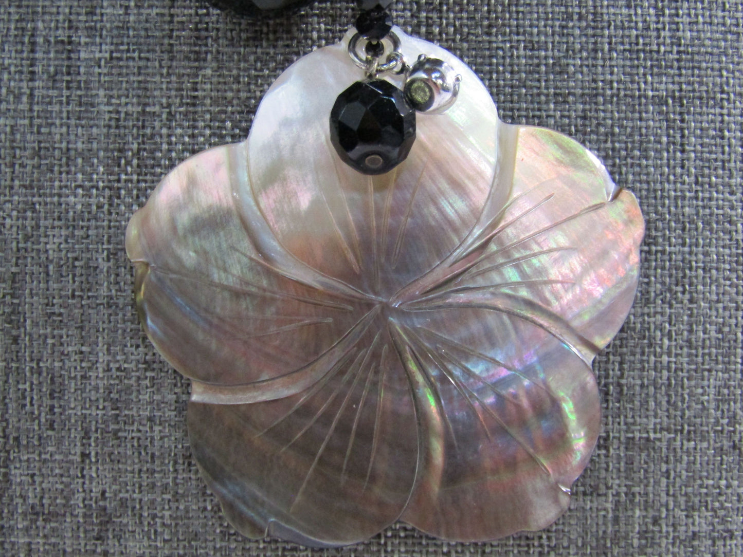 Faceted Onyx Beaded Necklace With Floral Carved Mother of Pearl Pendant