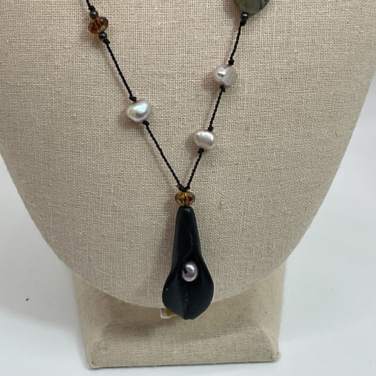 VTG. Sterling Silver Multi Gemstone & Pearl String Beaded Y-Necklace- 26"