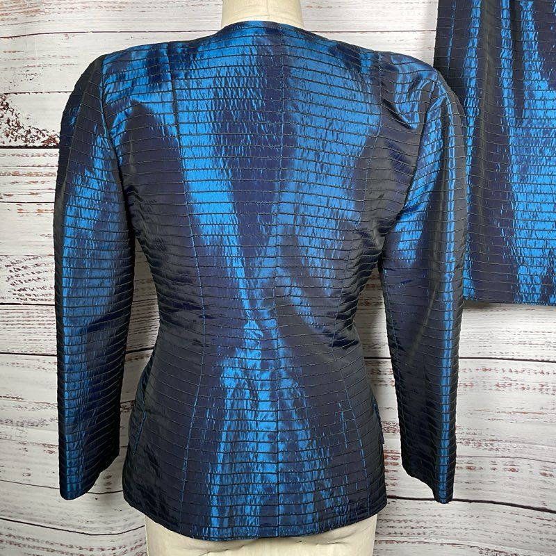 VTG. VICTOR COSTA Women's Satin Blue Skirt Suit- SZ 14