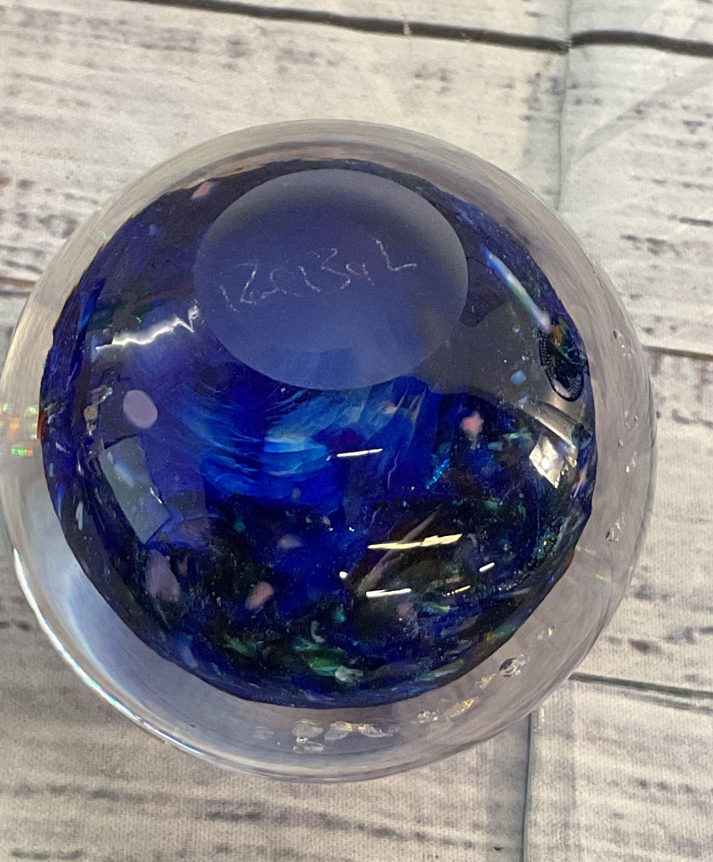 Vintage Glass Dome Paperweight Blue Swirl