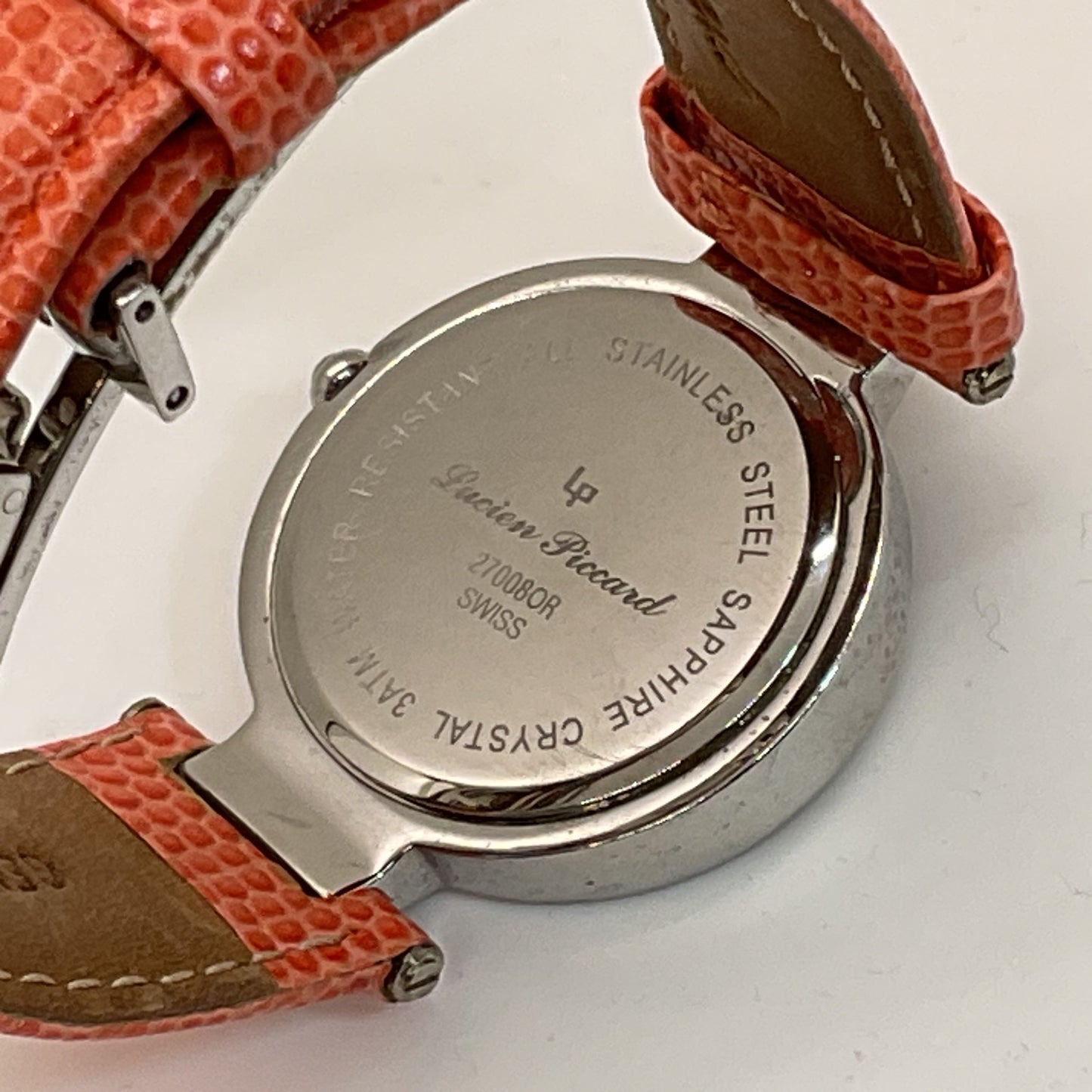 LUCIEN PICCARD Women's Stainless Steel Rhinestone Orange Leather Band Watch