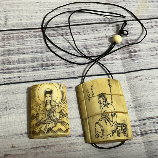 ANTIQUE Japanese Bone 3 Compartment Inro & "Save All Sentient Beings" Pendant