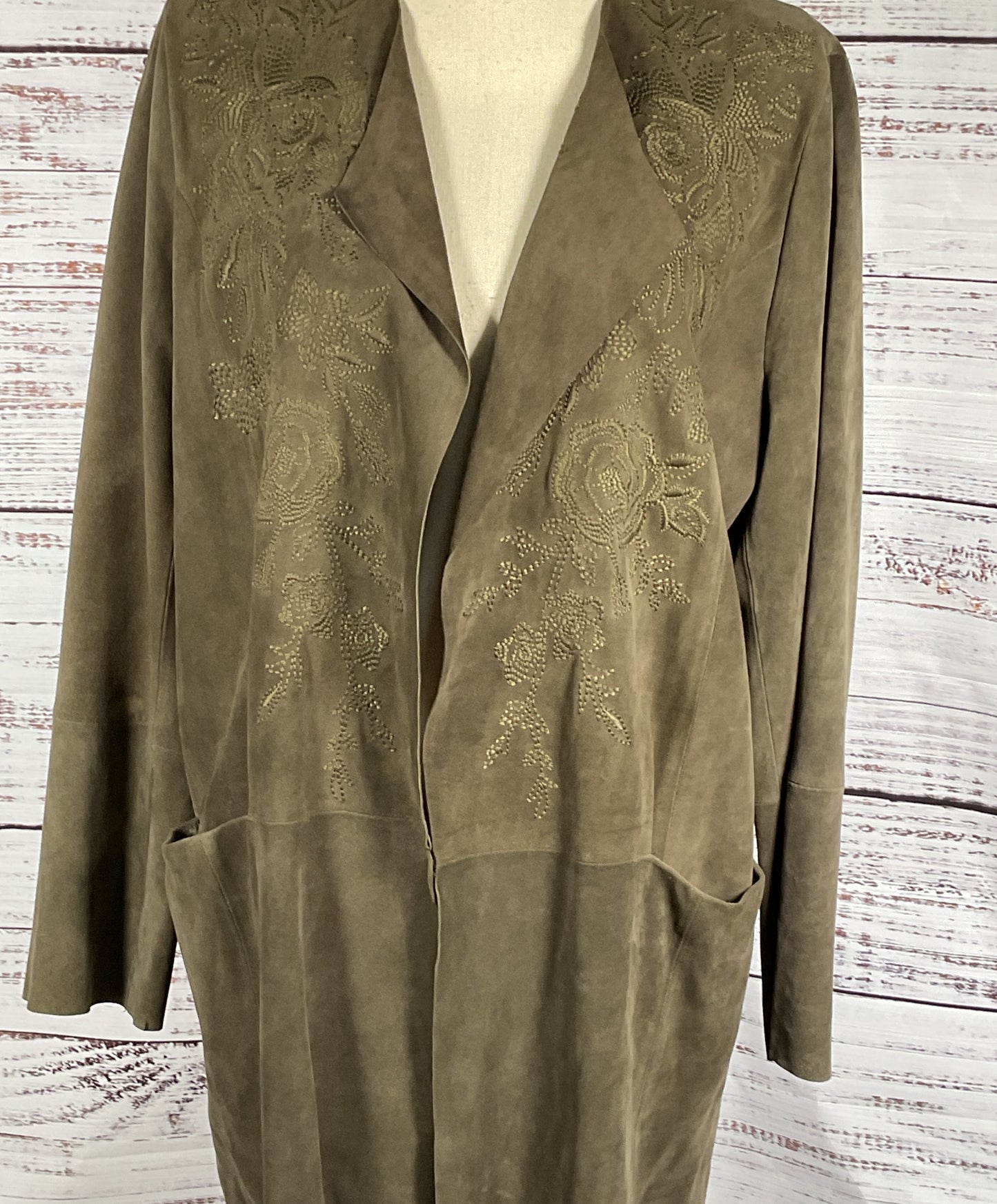 Johnny Was Warehouse Leather Embroidered Antonia Duster Olive Green M