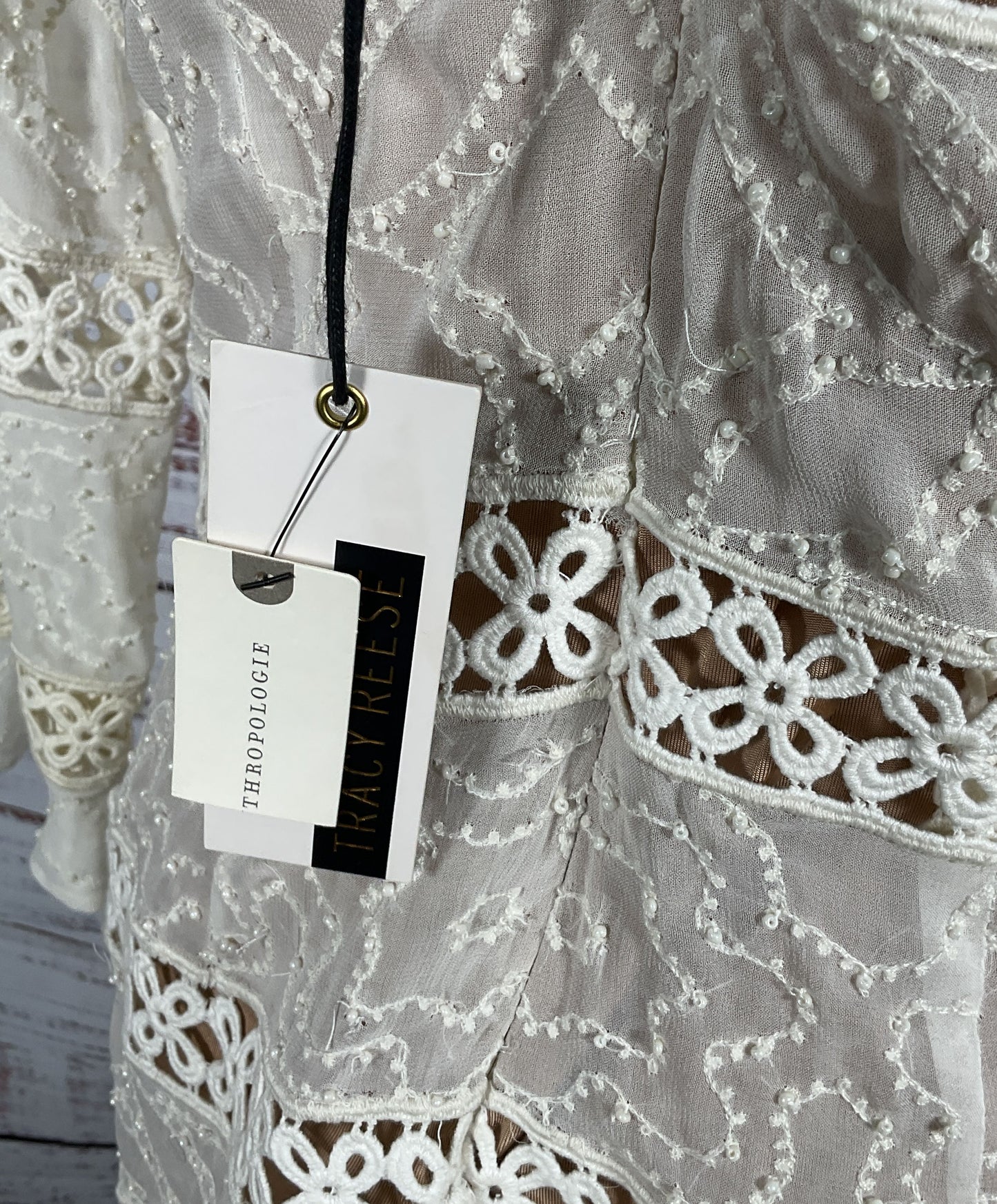 Tracy Reese Flounced Lacy Beaded Shift Dress White S