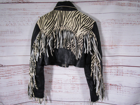 Nasty Gal Women's Black Leather Zebra Fringe Crop Jacket Size 10
