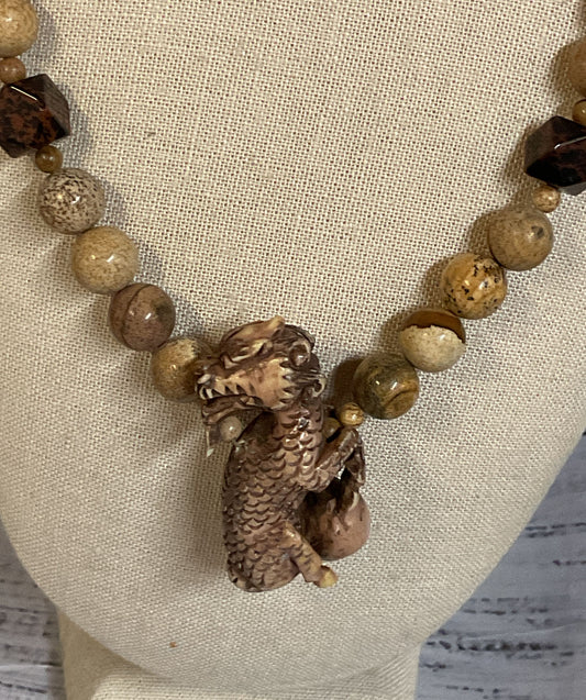 Jasper Beaded Carved Wood Dragon Pendant Vintage Necklace Silver Filigree Clasp