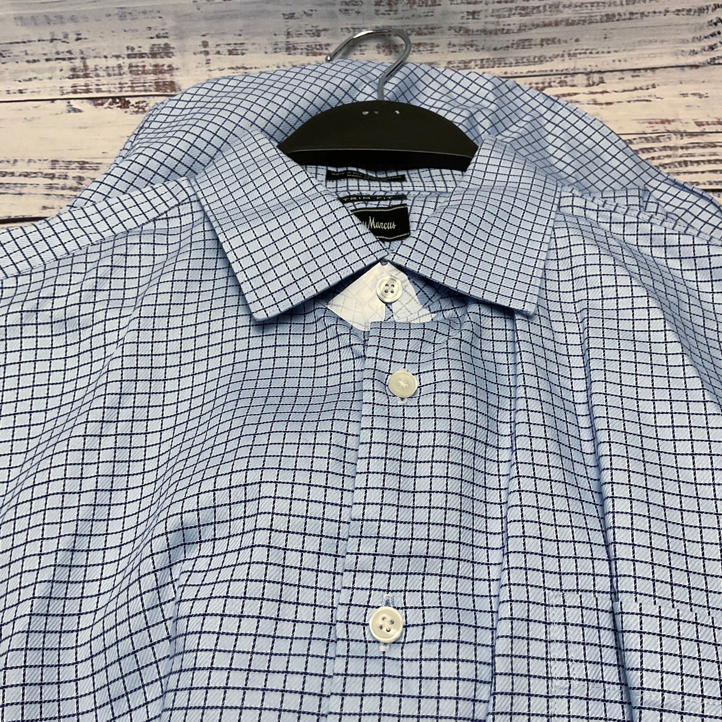 Neiman Marcus Trim Fit Light Blue Navy Blue Grid Pattern Dress Shirt 16 34/35