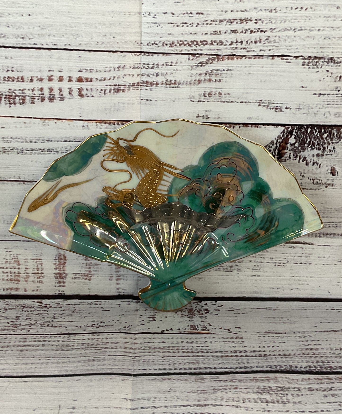 Aito Hand Painted 18K Gold Dragon Trinket Fan Dish Multicolor