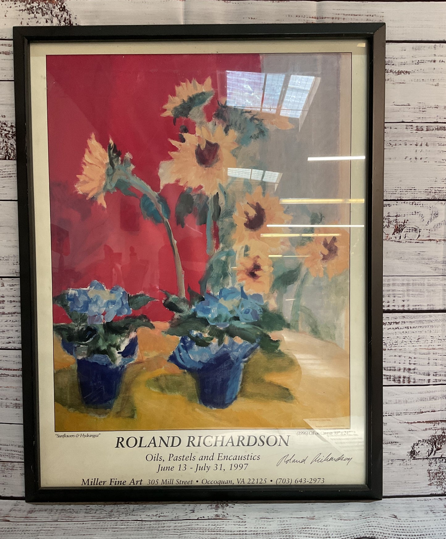 Roland Richardson Exhibition Sunflowers & Hydrangeas Poster Framed