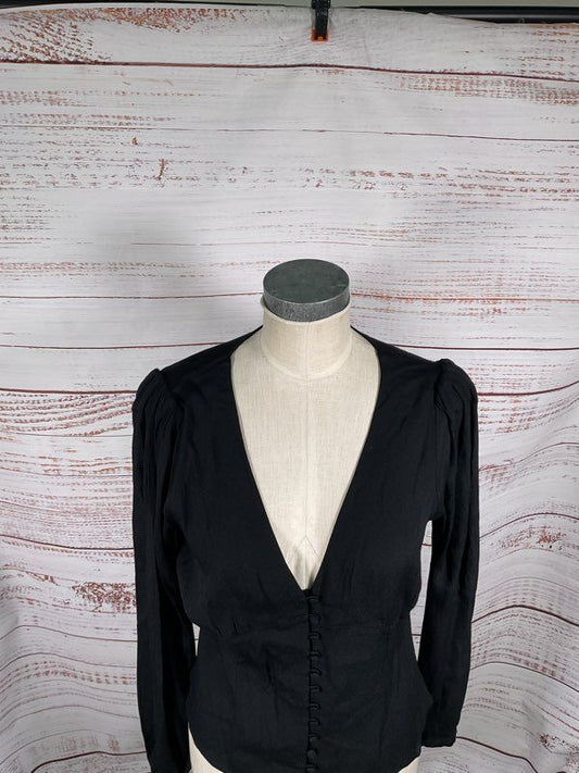 NWT Reformation Women's Black Viscose Blend V-Neck Long Sleeve Blouse Size XL