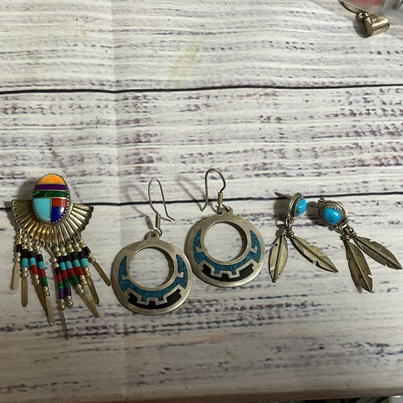 Set of 3 Mexico and Native Sterling Earrings- 23.39g (2 PAIRS & ONE SINGLE)