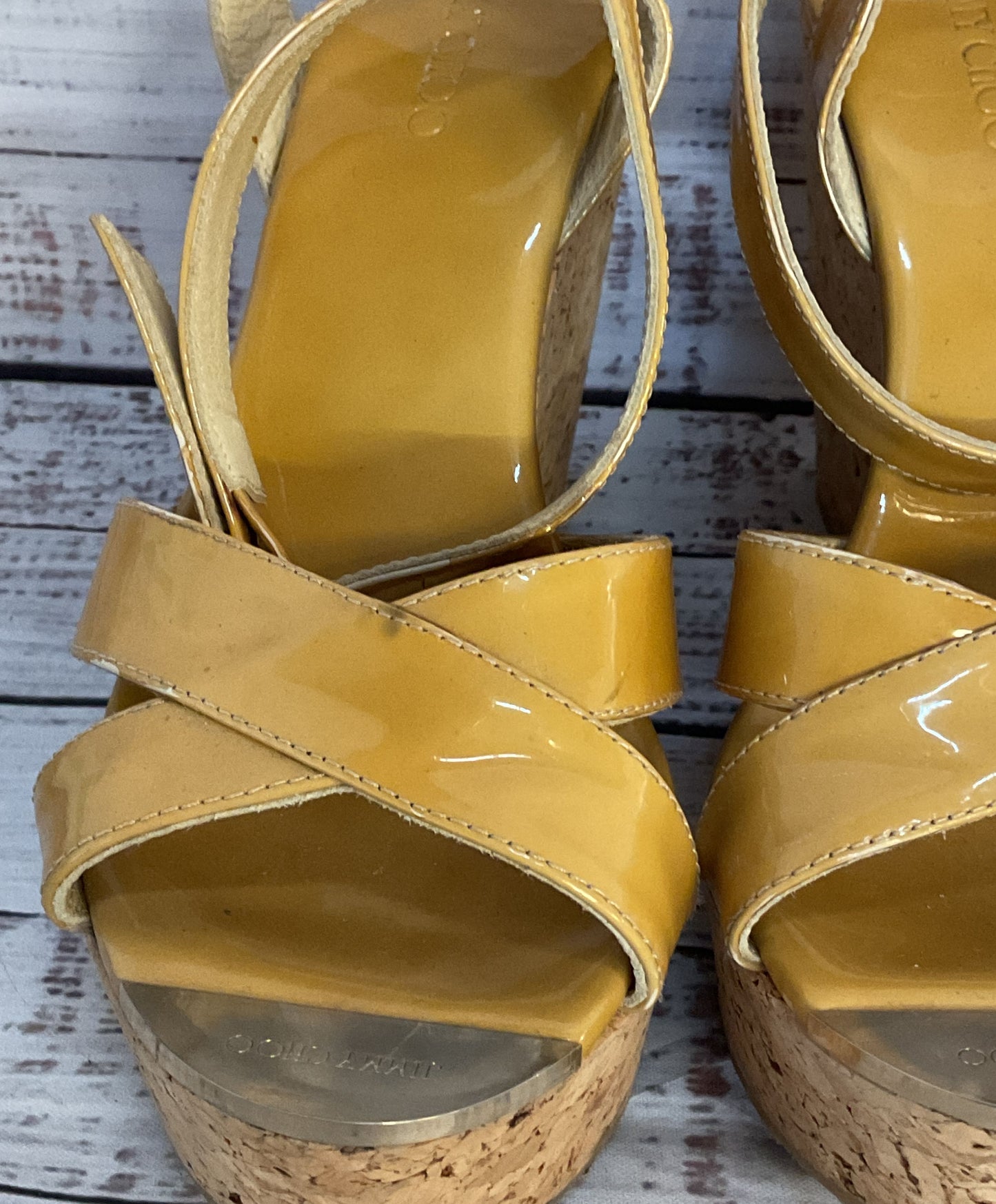 Jimmy Choo Patent Leather Strappy Cork Wedge Sandals Beige 8