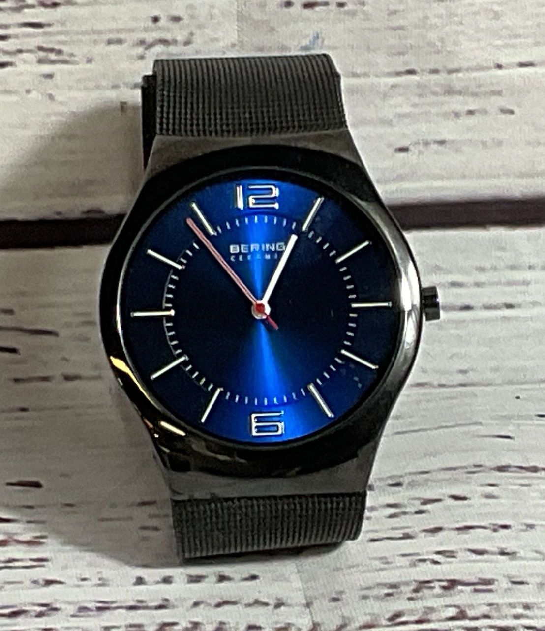 BERING Ceramic 32039-447 Men's Blue Dial Black Mesh Watch- BAND CLASP DAMAGED