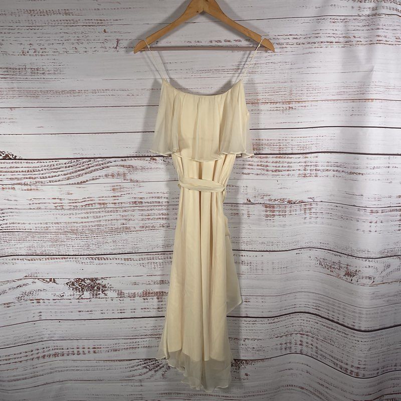 Miguelina Ecru Ruffle Neck Belted Spaghetti Strap Midi Sun Dress - Size XS