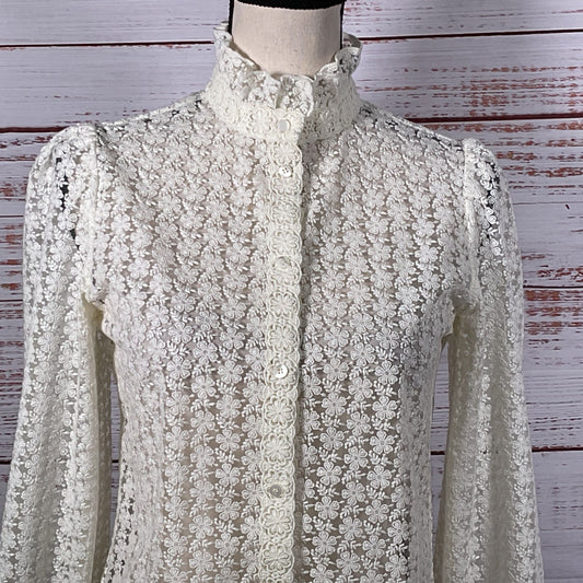 SEZANE Women's White Floral Lace Funnel Neck Long Sleeve Button-Up Blouse- SZ 34