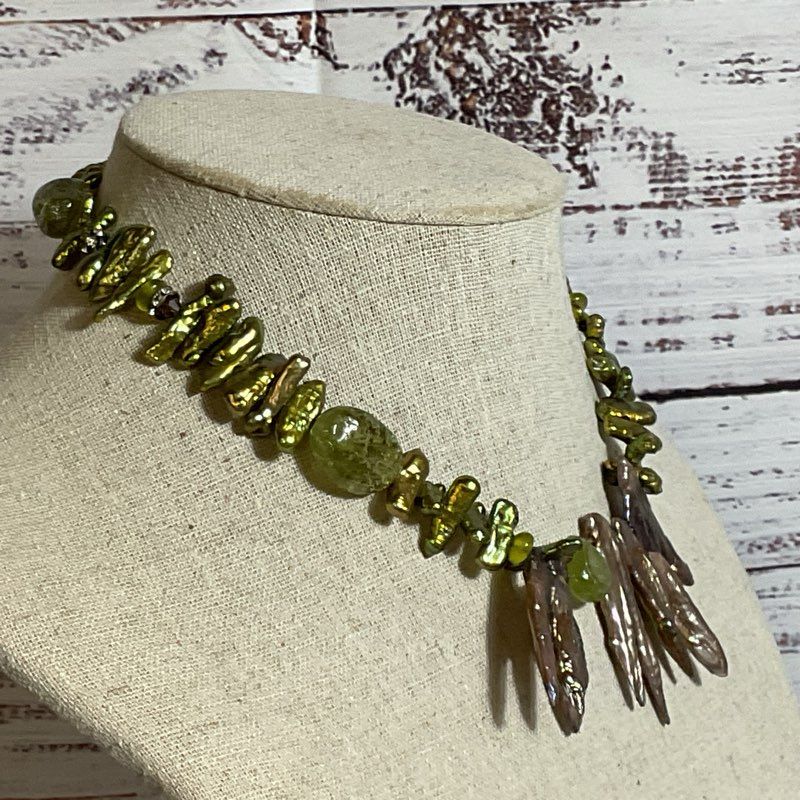 Sterling Silver Green Biwa Pearl & Green Gemstone Beaded Necklace- 17"