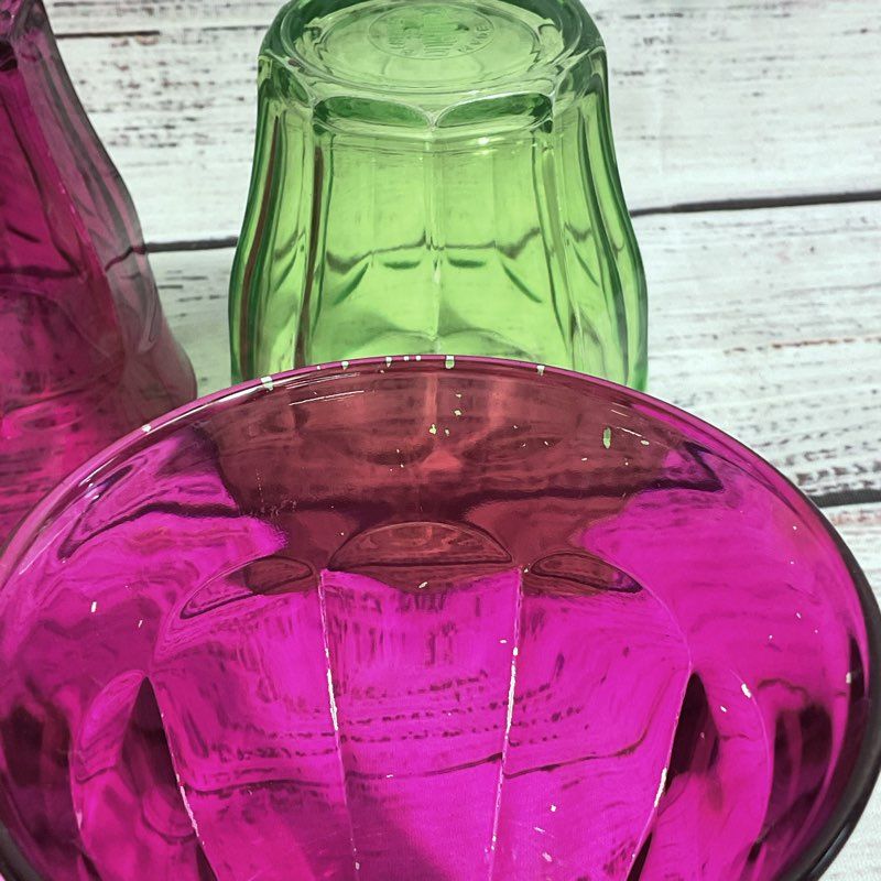 Lot Of 6 Duralex Pink & Green Colored Glass Tumblers 3.5"