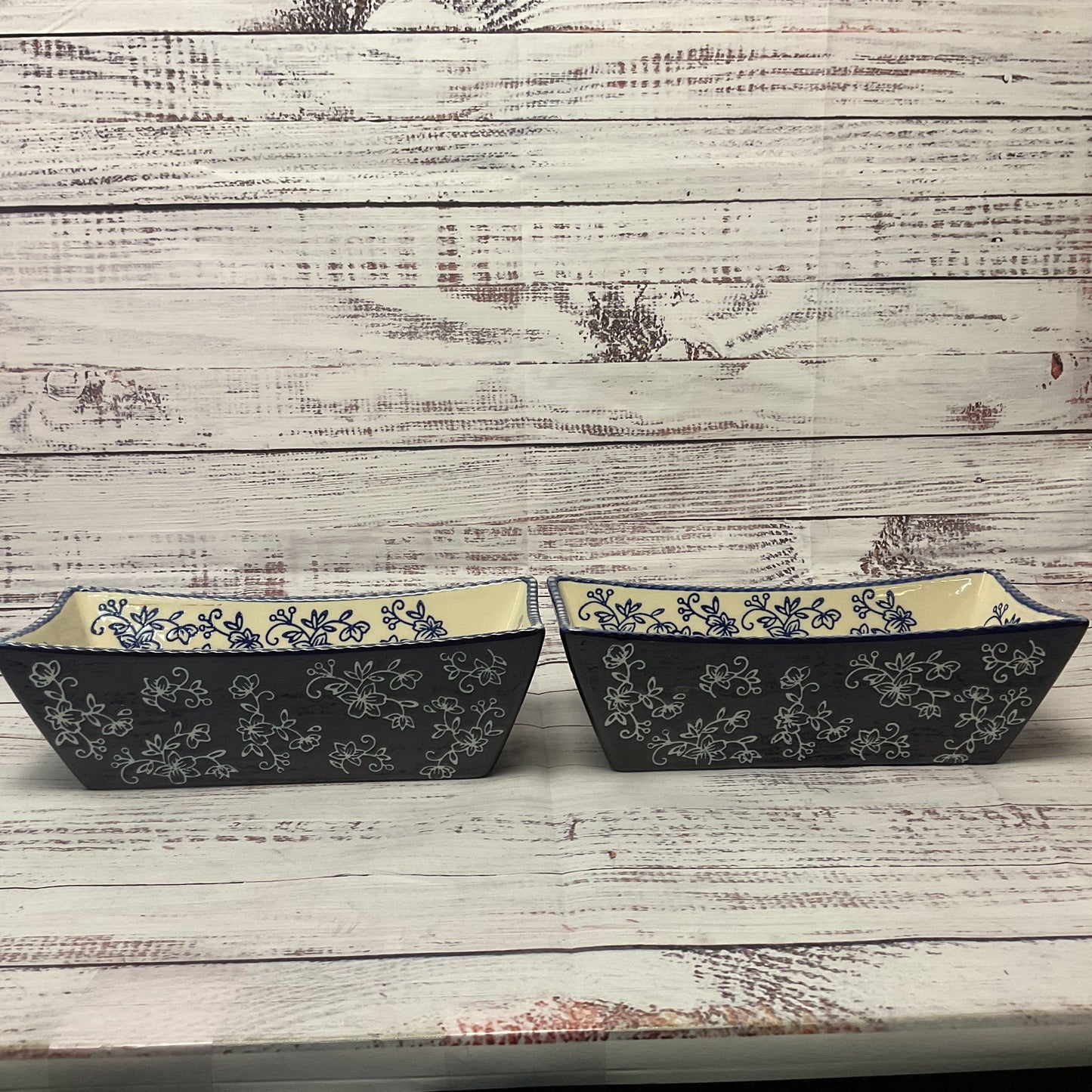 Temp Tations Rectangular Bowl Blue Floral Lace Ceramic Pair Of 2