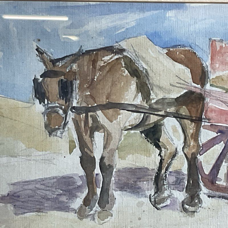 Signed VTG./ANTIQUE P.FIRENZE Horse & Wagon Watercolor Painting