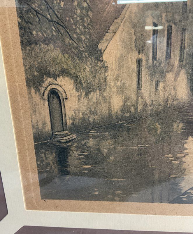 Julien Celos 1884-1953 Belgium Canal Scene Charcoal Etching Signed Print