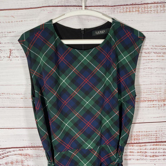 Lauren Ralph Lauren Green Plaid Sleeveless Belted Midi Casual Dress - Size 10