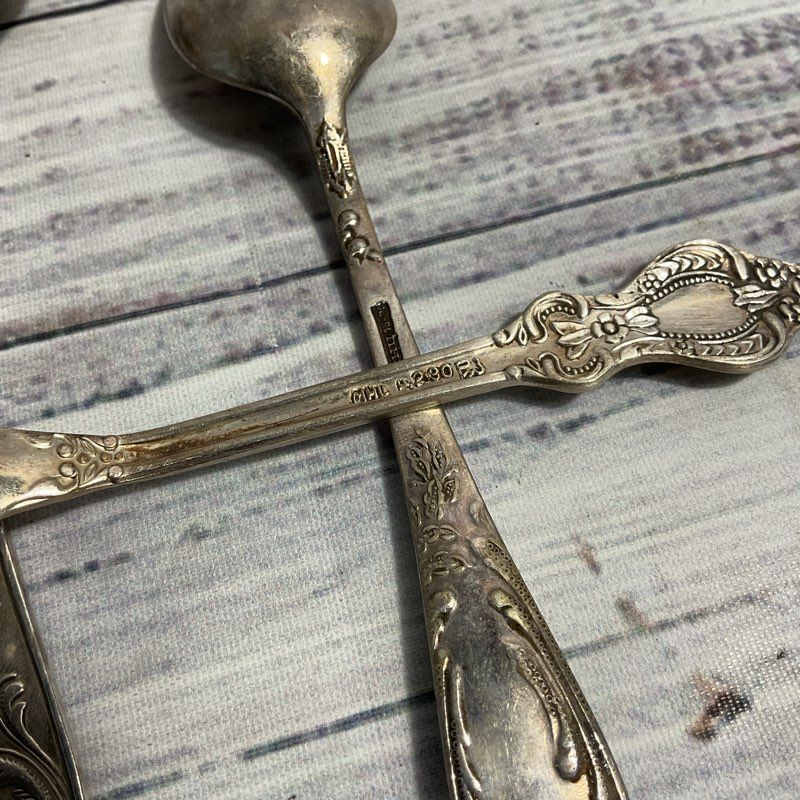 Lot Of 3 Assorted Russian Mhu Silver Plate Spoons (2 Teaspoons, 1 Cereal Spoon)