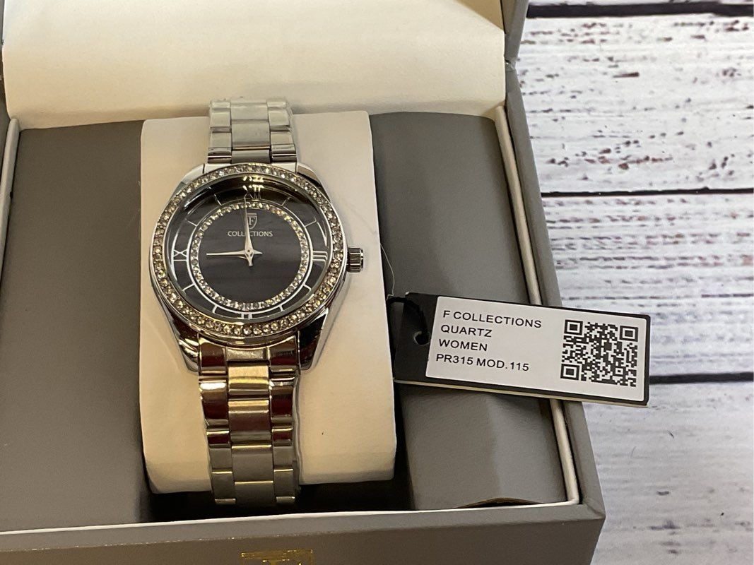 NWT F COLLECTIONS PR315 Women's Silver Tone Rhinestone Watch