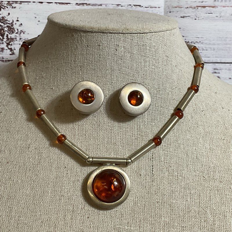 Sterling Silver Bar Beads & Cabochon Amber 16.5" Necklace and Earring Set- 48g